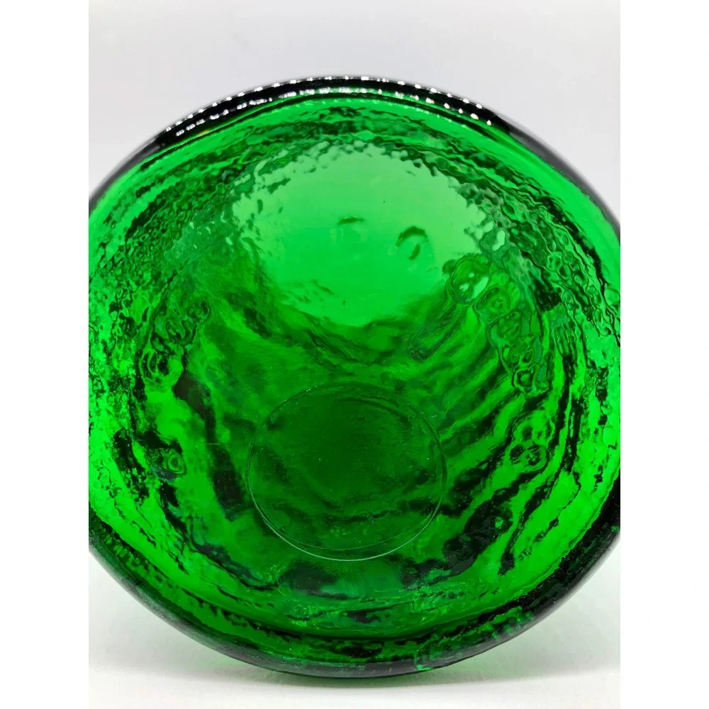 Emerald Green Textured Bark Glass Vase Mid Century Modern Style Flared 9.5 inch